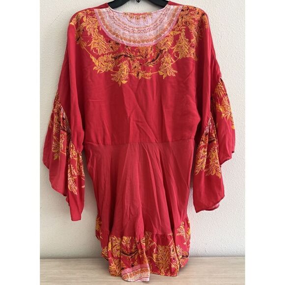 FREE PEOPLE Women Sz S Sunset Dreams Printed Red Tunic Ruffle Top - Picture 2 of 14